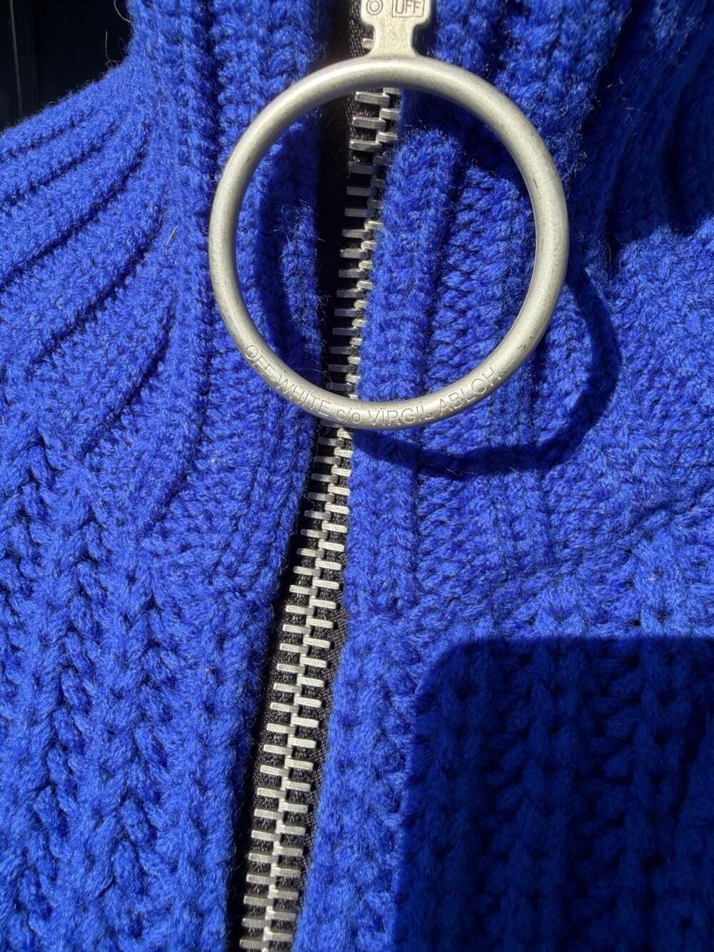 Off-White Virgil Abloh Cobalt Blue Virgin Wool Blend Cable Knit Zip-Up Sweater - Picture 3 of 7